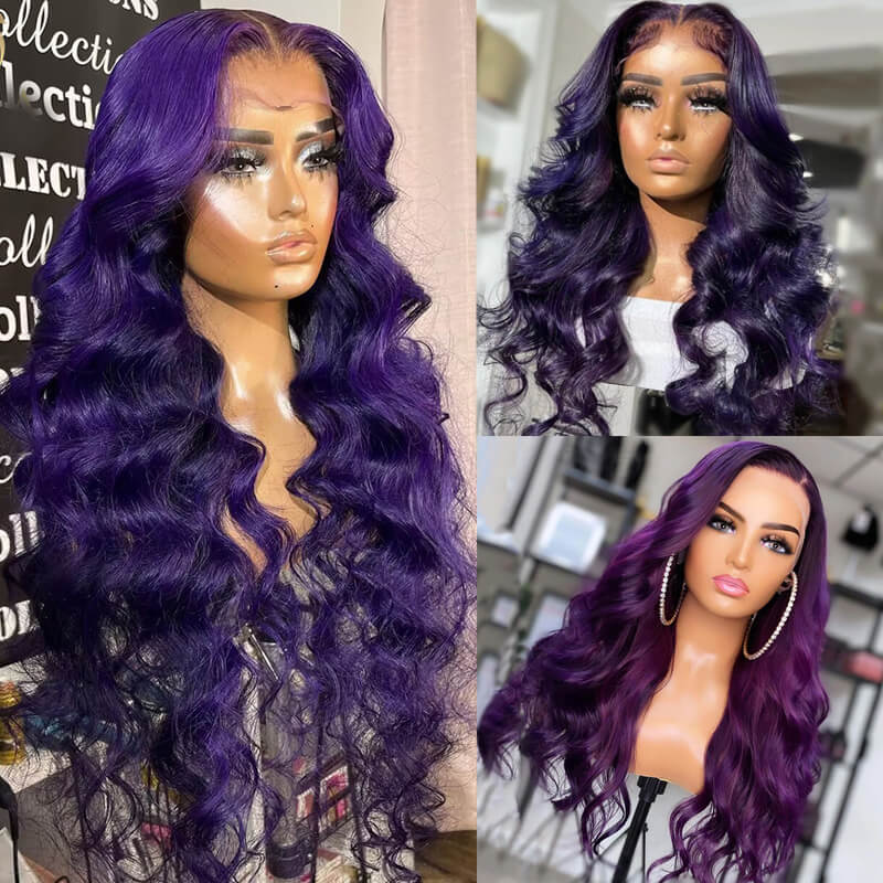 New! eullair Affordable Dark Purple Glueless Body Wave Lace Frontal Wig for Brown Skin Women