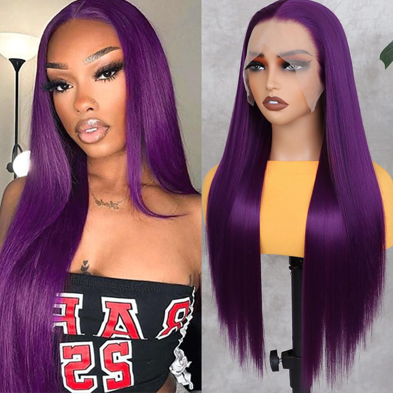 New! eullair Affordable Dark Purple Glueless Body Wave Lace Frontal Wig for Brown Skin Women