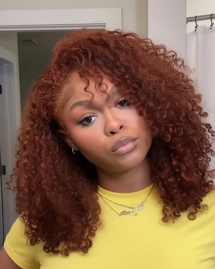 eullair 3 IN 1 Half Wig Reddish Brown Burmese Curly Wig Curly Texture Soft Fluffy Human Hair Wig