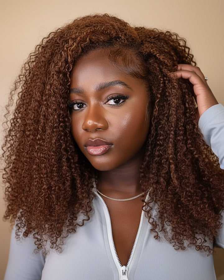 eullair Reddish Brown Kinky Curly 3C-4A V Part Wig Soft Full Volume Human Hair Easy Natural Blend