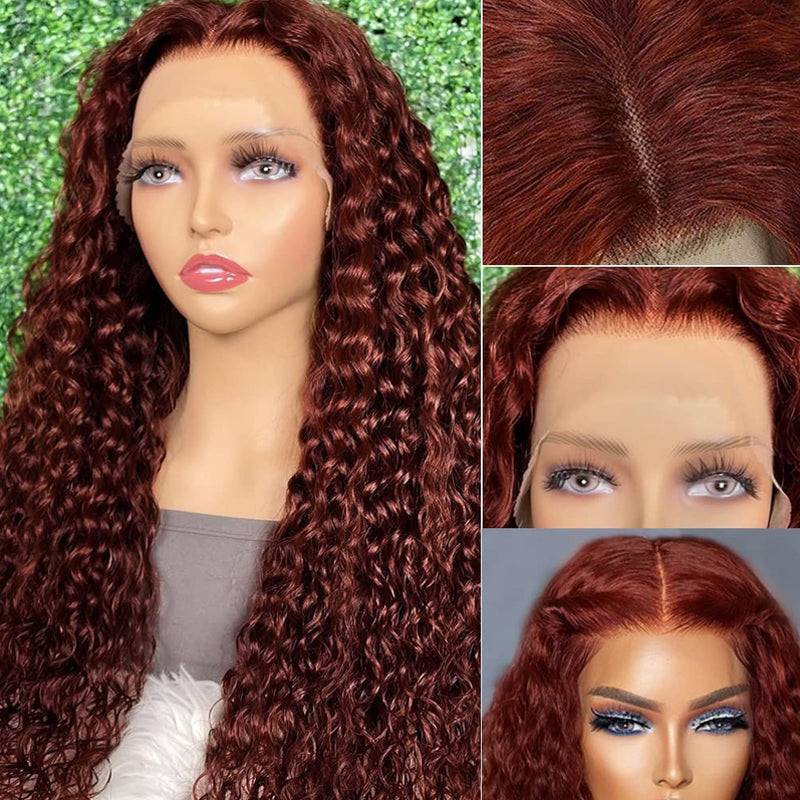 eullair Reddish Brown Water Wave/Jerry Curly 13x4 Lace Frontal Wig Pre-plucked Hairline For Women