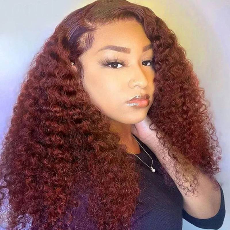 eullair Reddish Brown Water Wave/Jerry Curly 13x4 Lace Frontal Wig Pre-plucked Hairline For Women