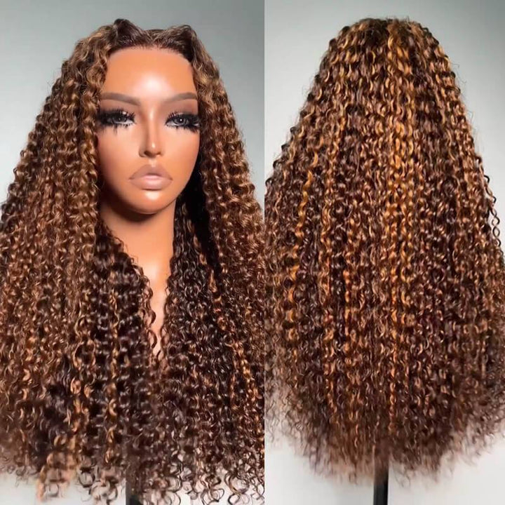 eullair Reddish Brown Highlight Kinky Curly Human Hair Wig Lace Frontal Human Hair Wig For Black Women