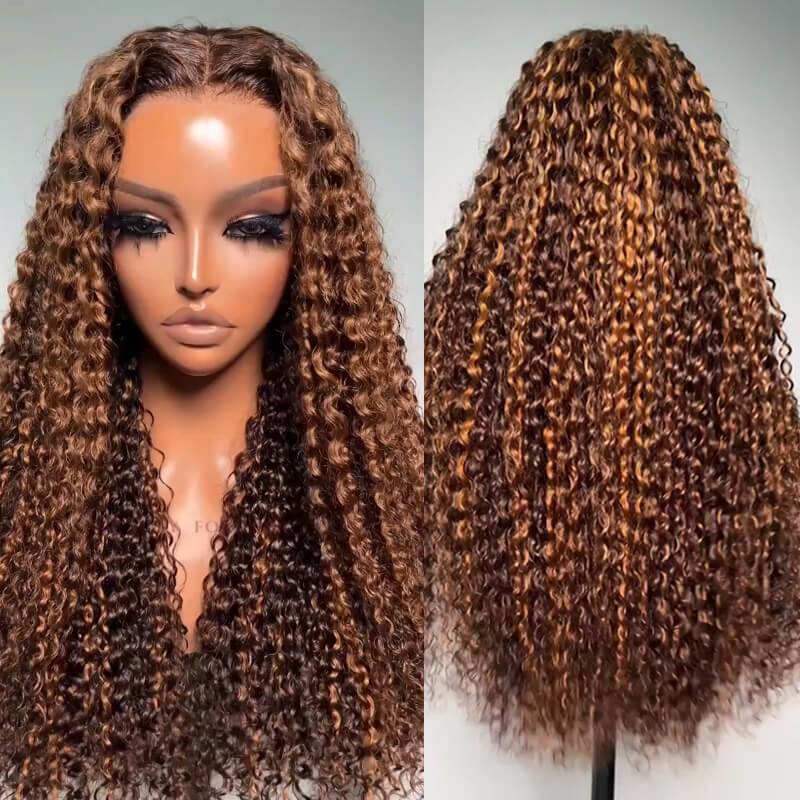 eullair Reddish Brown Highlight Kinky Curly Human Hair Wig Lace Frontal Human Hair Wig For Black Women