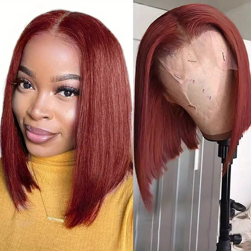 eullair Short BOB Wigs Straight Human Hair 13x4 Lace Frontal Wig Pre Colored Burgundy Highlight Wig For Women| Flash Sale