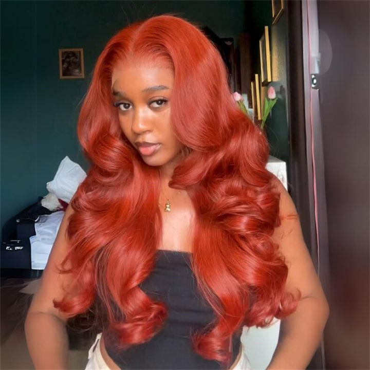 eullair Reddish Cooper Orange Body Wave Wig Glueless Flame Colored Human Hair Lace Frontal Wig