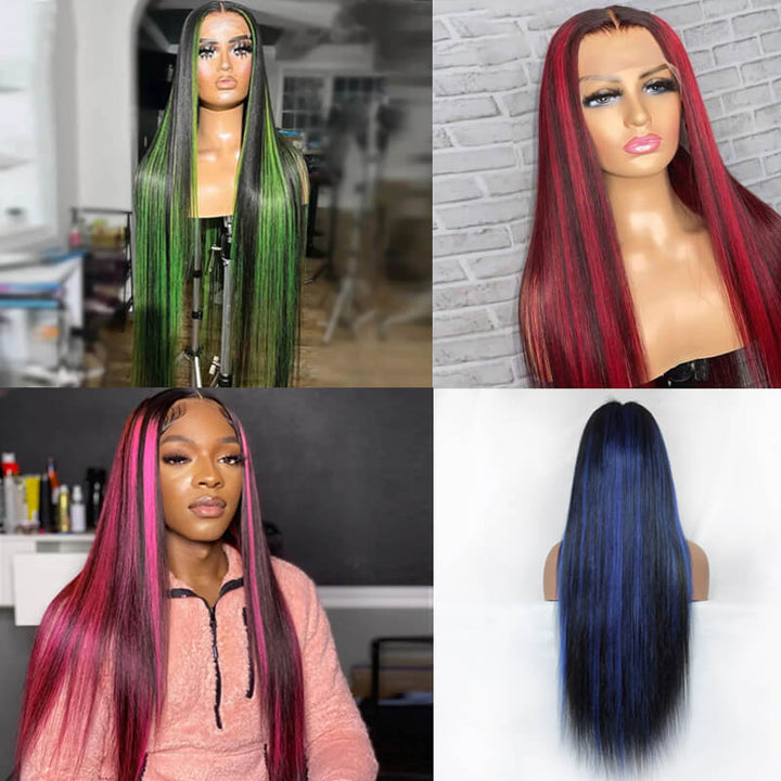 New Peekaboo Highlights Unit! eullair Red/Blue/Green Balayage Highlight Piano Color Straight Lace Frontal Wig For Women