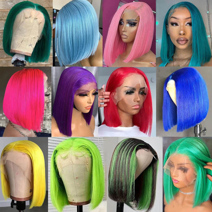 TikTok Short Colored BOB Flash Sale| eullair Red Blue Pink Green Yellow Lace Frontal Human Hair Bob Wigs For Melanin Girls
