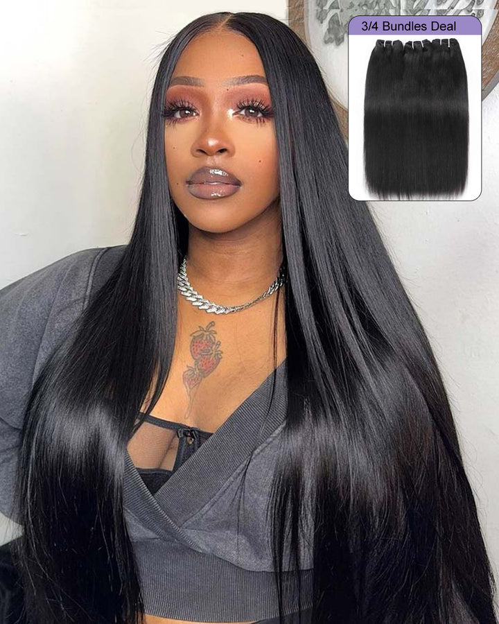 eullair 15A Raw Hair Bundles Straight Human Virgin Hair Weave 3/4 Bundles Repeated Washes Maintain Silky Texture