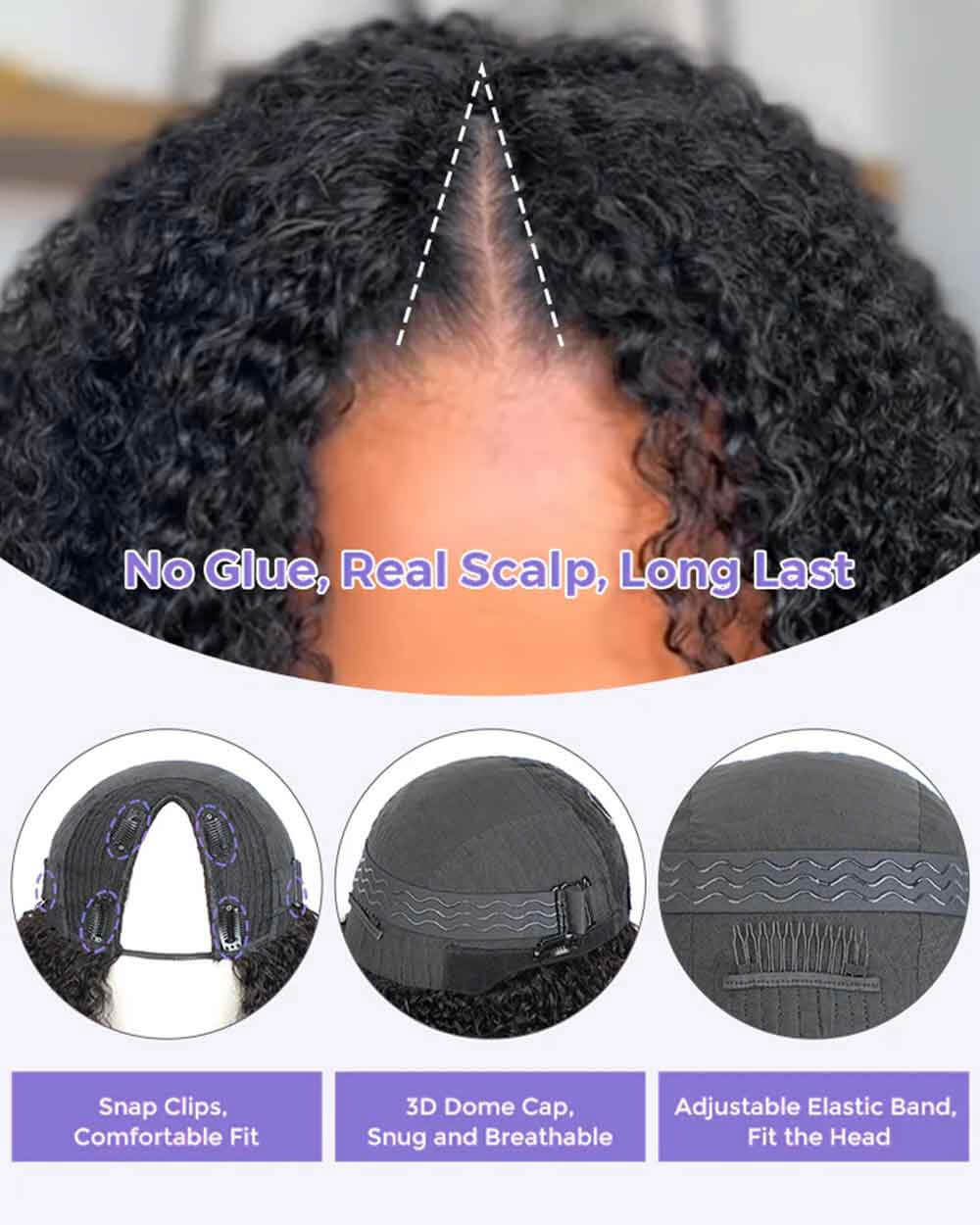 eullair 1B/30 Highlight Kinky Curly V Part Wig Soft Full Volume Human Hair Easy Natural Blend Beginner Friendly Wigs