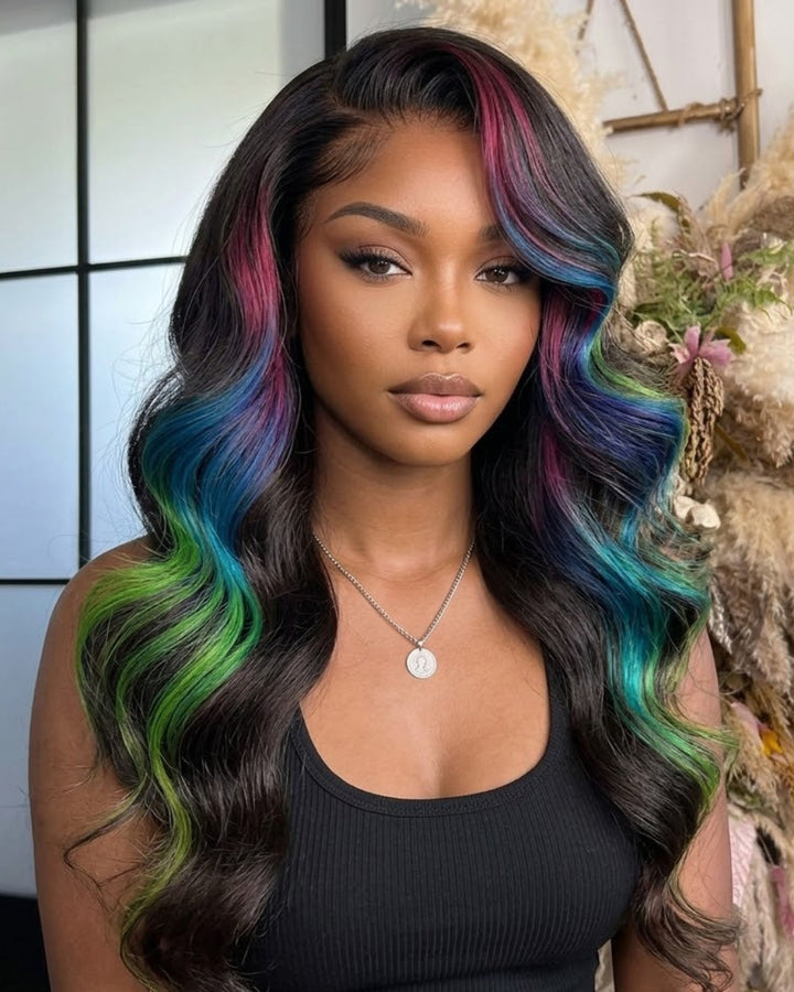 eullair Multi Colored 1B Wavy with Pink Purple Blue Green Highlight Body Wave Lace Frontal Wigs Pre Plucked 180% (Copy)