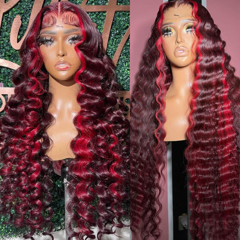 eullair Wine Red Highlight Crimped Wavy Wig With Curling Iron Burgundy Skunk Stripe Human Hair Lace Frontal Wig