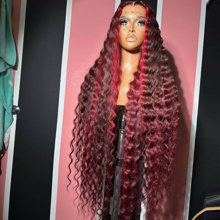 eullair Wine Red Highlight Crimped Wavy Wig With Curling Iron Burgundy Skunk Stripe Human Hair Lace Frontal Wig