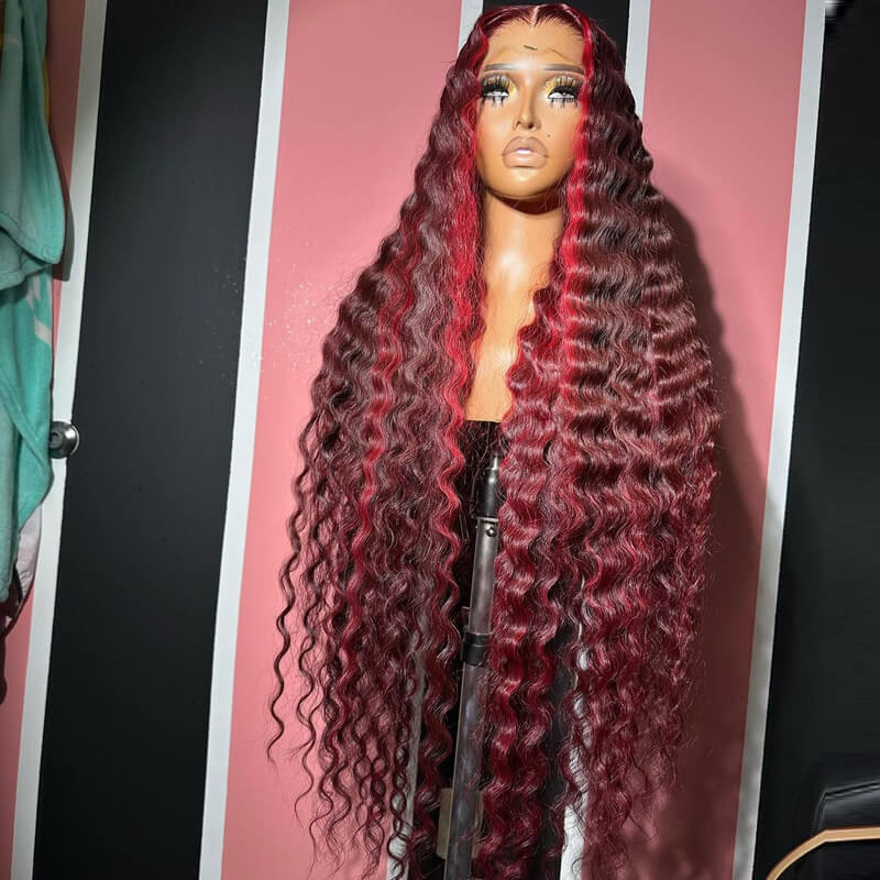 eullair Wine Red Highlight Crimped Wavy Wig With Curling Iron Burgundy Skunk Stripe Human Hair Lace Frontal Wig