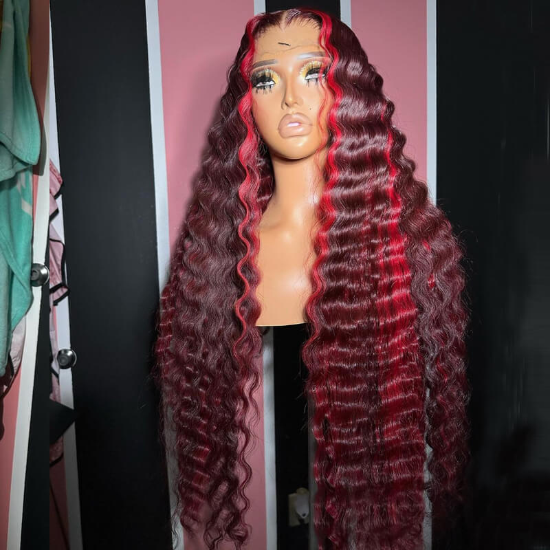 eullair Wine Red Highlight Crimped Wavy Wig With Curling Iron Burgundy Skunk Stripe Human Hair Lace Frontal Wig