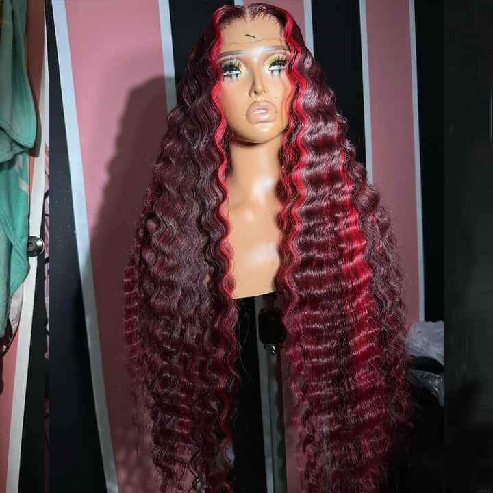 eullair Wine Red Highlight Crimped Wavy Wig With Curling Iron Burgundy Skunk Stripe Human Hair Lace Frontal Wig