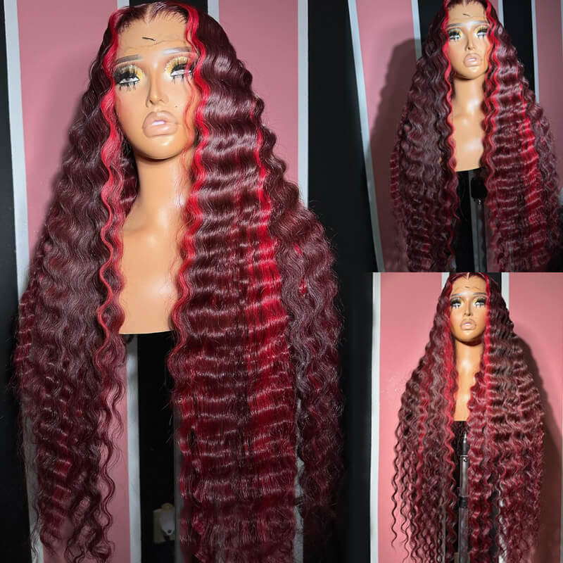 eullair Wine Red Highlight Crimped Wavy Wig With Curling Iron Burgundy Skunk Stripe Human Hair Lace Frontal Wig