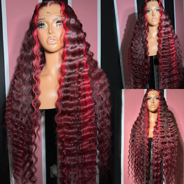 eullair Wine Red Highlight Crimped Wavy Wig With Curling Iron Burgundy Skunk Stripe Human Hair Lace Frontal Wig