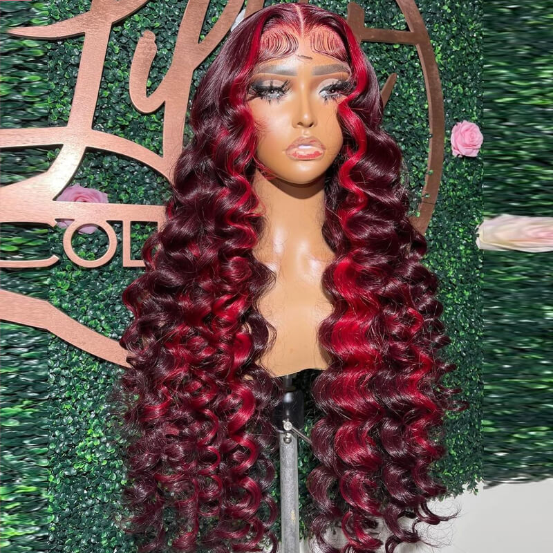 eullair Wine Red Highlight Crimped Wavy Wig With Curling Iron Burgundy Skunk Stripe Human Hair Lace Frontal Wig