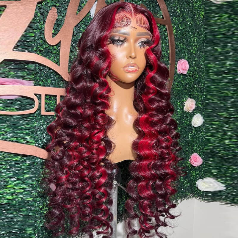 eullair Wine Red Highlight Crimped Wavy Wig With Curling Iron Burgundy Skunk Stripe Human Hair Lace Frontal Wig