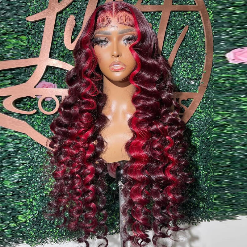 eullair Wine Red Highlight Crimped Wavy Wig With Curling Iron Burgundy Skunk Stripe Human Hair Lace Frontal Wig