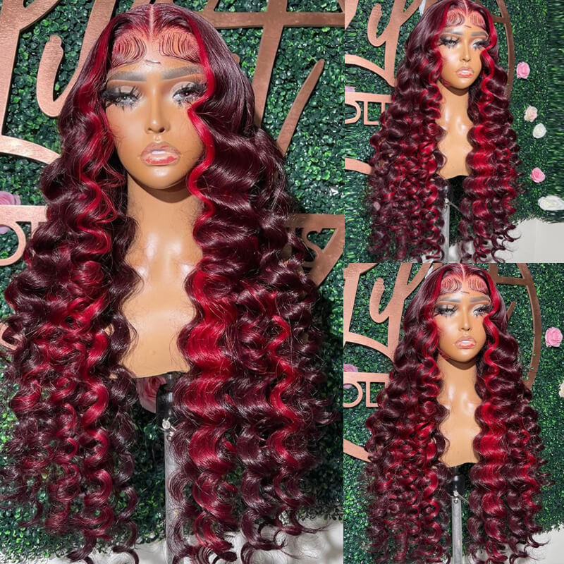 eullair Wine Red Highlight Crimped Wavy Wig With Curling Iron Burgundy Skunk Stripe Human Hair Lace Frontal Wig