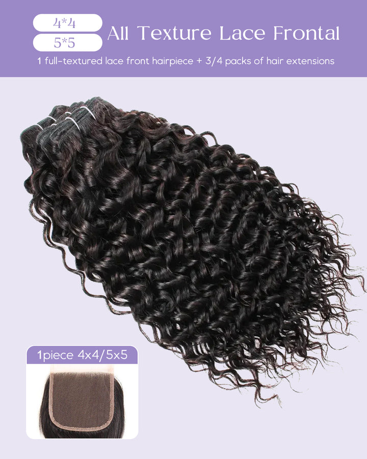 eullair 4x4/5x5/13x4 Water Wave Curly Texture Bundles with Closure/Frontal Human Virgin Hair Cambodian Double Drawn Raw Hair for Sew In Quick Weave