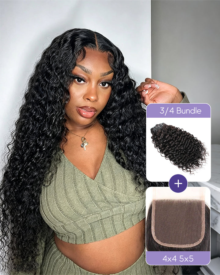 eullair 4x4/5x5/13x4 Water Wave Curly Texture Bundles with Closure/Frontal Human Virgin Hair Cambodian Double Drawn Raw Hair for Sew In Quick Weave