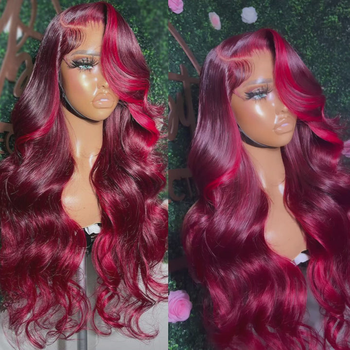 eullair Burgundy Red Highlight Body Wave Wig Skunk Stripe Lace Frontal Human Hair Wig Transparent Lace