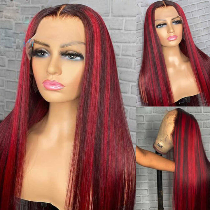 New Peekaboo Highlights Unit! eullair Red/Blue/Green Balayage Highlight Piano Color Straight Lace Frontal Wig For Women