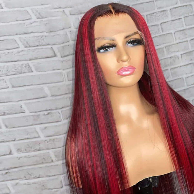 New Peekaboo Highlights Unit! eullair Red/Blue/Green Balayage Highlight Piano Color Straight Lace Frontal Wig For Women