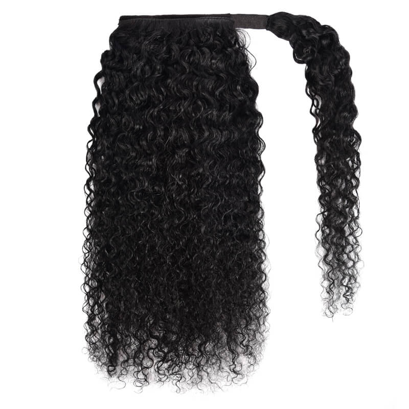 Curly Human Hair Wrap Around Ponytail Clip in Ponytail Curly Hair Extensions For Black Women-Natural Color #1B-eullair- Human Virgin Hair-eullair- Human Virgin Hair