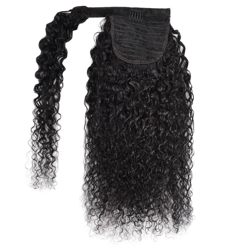 Curly Human Hair Wrap Around Ponytail Clip in Ponytail Curly Hair Extensions For Black Women-Natural Color #1B-eullair- Human Virgin Hair-eullair- Human Virgin Hair