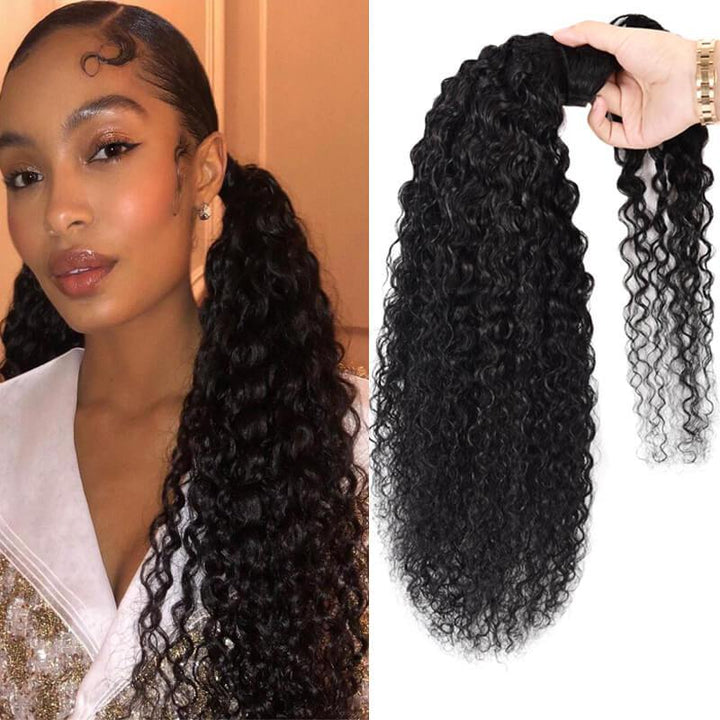 Curly Human Hair Wrap Around Ponytail Clip in Ponytail Curly Hair Extensions For Black Women-Natural Color #1B-eullair- Human Virgin Hair-eullair- Human Virgin Hair