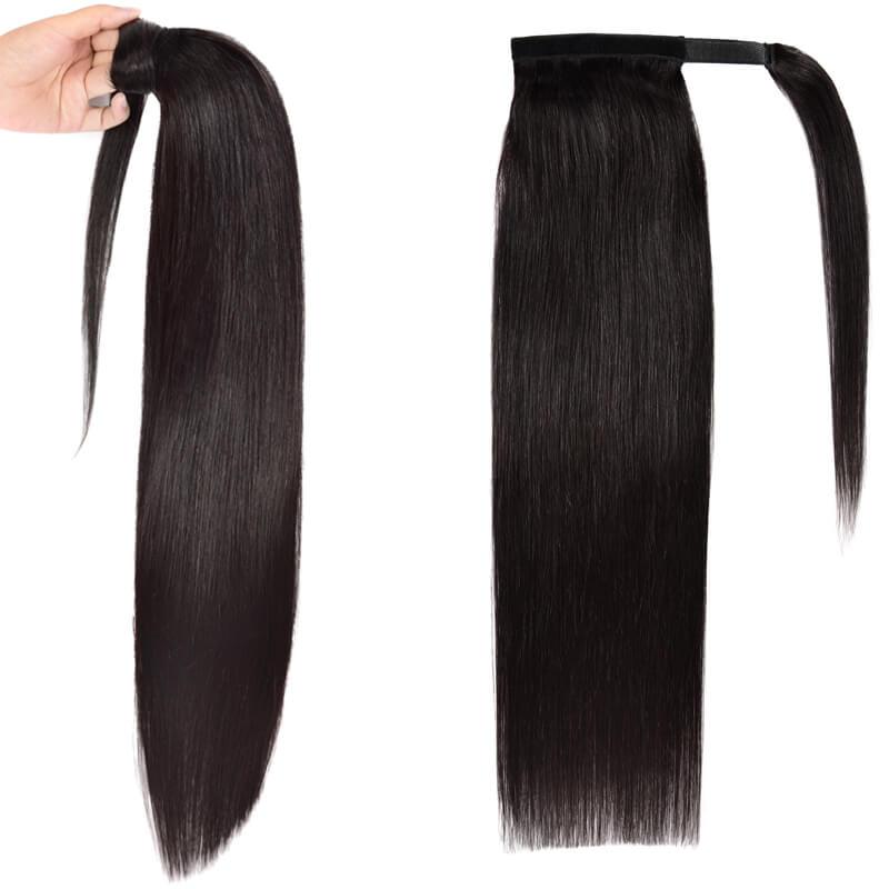 Drawstring Straight Clip in Ponytail 100% Human Hair Ponytail Extensions Wrap Around Ponytail-Natural Color #1B-eullair- Human Virgin Hair-eullair- Human Virgin Hair