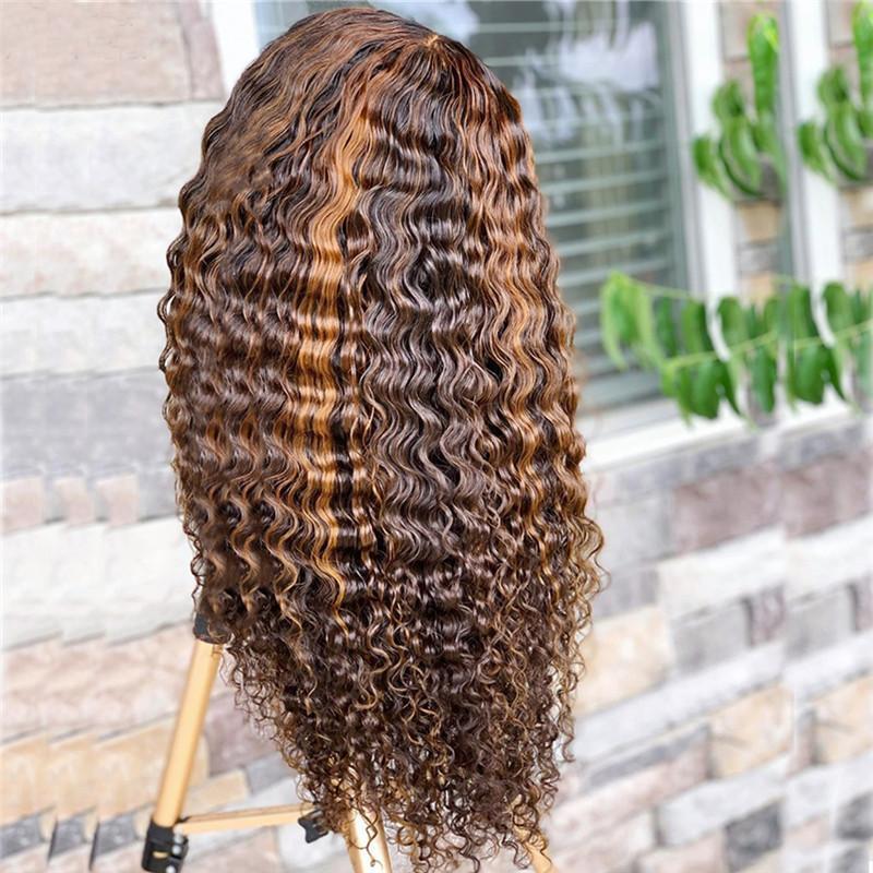 eullair #4/30 Caramel Highlight Brown Curly Human Hair Wig For Darkskin| 16-30inch-Human Hair Wigs-eullair-16inch-#4/30 Highlight Deep Curly-T Part Wig 150D-eullair- Human Virgin Hair