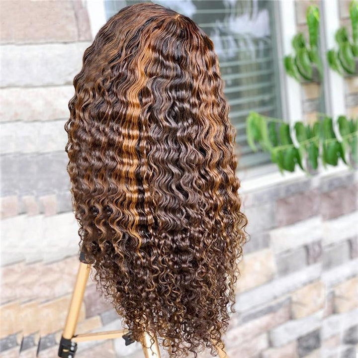 eullair #4/30 Caramel Highlight Brown Curly Human Hair Wig For Darkskin| 16-30inch-Human Hair Wigs-eullair-16inch-#4/30 Highlight Deep Curly- 150D-eullair- Human Virgin Hair