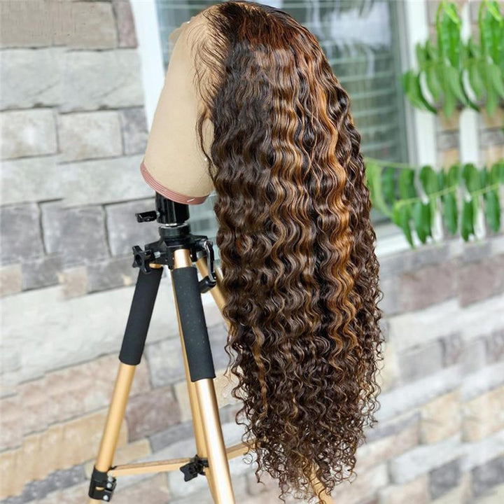 eullair #4/30 Caramel Highlight Brown Curly Human Hair Wig For Darkskin| 16-30inch-Human Hair Wigs-eullair-eullair- Human Virgin Hair