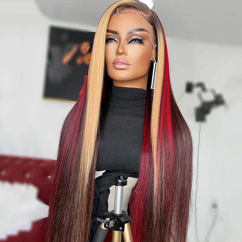eullair Black with Red and Blonde Straight Highlights 3 Colors Balayage Body Wave Lace Frontal Wig