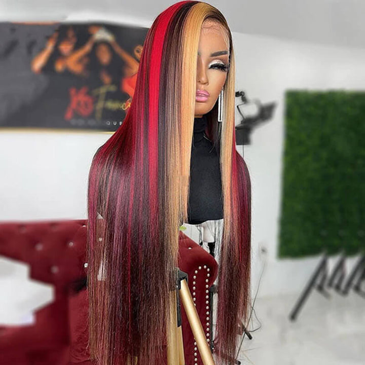 eullair Black with Red and Blonde Body Wave Wig Blue Orange Highlights 3 Colors Balayage Straight Lace Frontal Wig