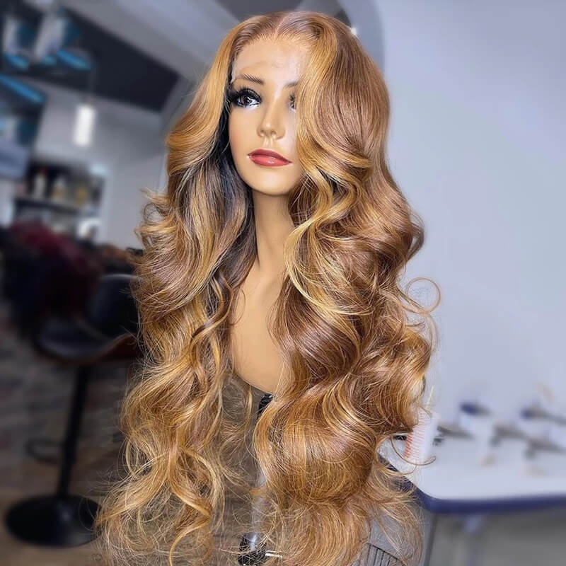 eullair Light Brown Highlight Skunk Stripe Body Wave Wig Colored Honey Blonde Human Hair Wigs For Women