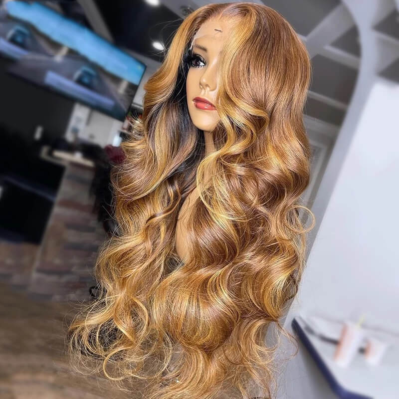 eullair Light Brown Highlight Skunk Stripe Body Wave Wig Colored Honey Blonde Human Hair Wigs For Women