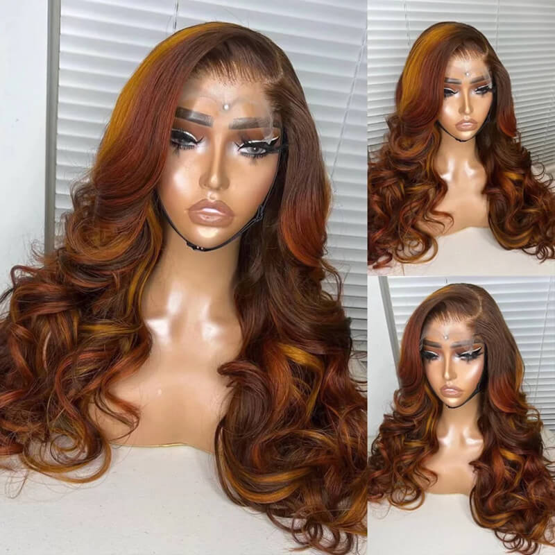 eullair Mixed Color Highlights P4/Golden/Ginger Body Wave Lace Frontal Human Hair Wig