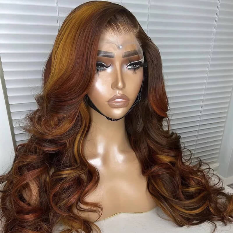 eullair Mixed Color Highlights P4/Golden/Ginger Body Wave Lace Frontal Human Hair Wig