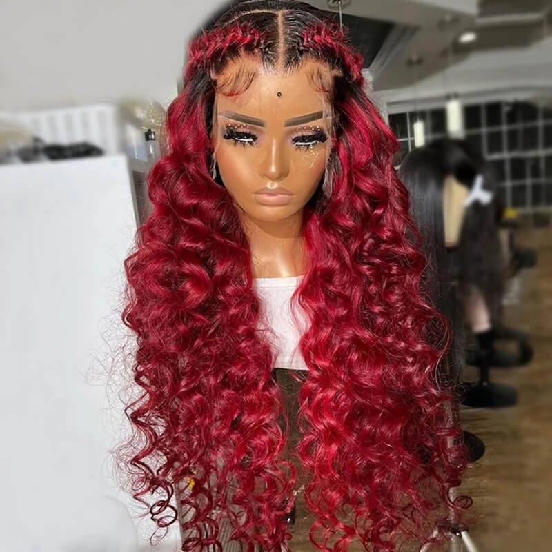 eullair Ombre 1b Bright 99J Burgundy Loose Wave Wig Colored Lace Frontal Human Hair Wigs For Women