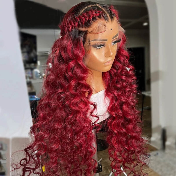 eullair Ombre 1b Bright 99J Burgundy Loose Wave Wig Colored Lace Frontal Human Hair Wigs For Women