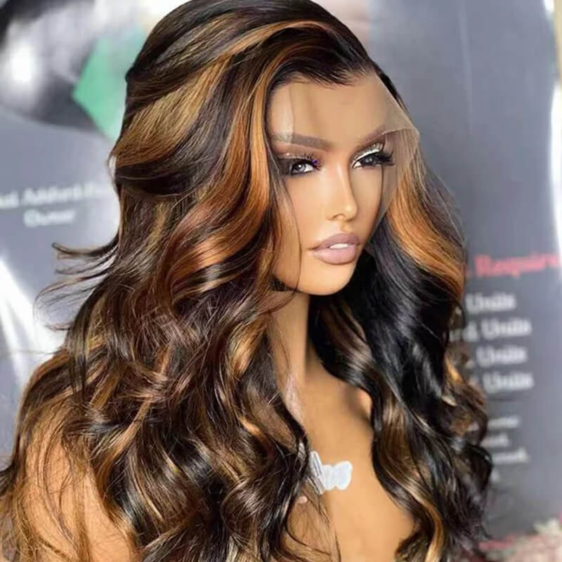eullair P1b/27 Highlight Body Wave Lace Frontal Human Hair Wig Pre Plucked Hairline