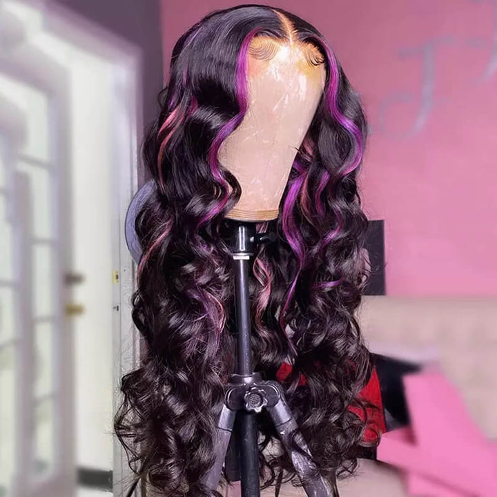 eullair Pink Purple Balayage Highlights Body Wave Piano Color Human Hair Lace Frontal Wig Flat Iron