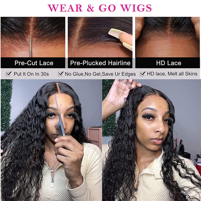 eullair Wear Go Glueless Wig Water Wave 6x4 5x5 HD Lace Closure Wigs Pre Cut Lace For Women Beginner Friendly Human Hair Natural Hairline