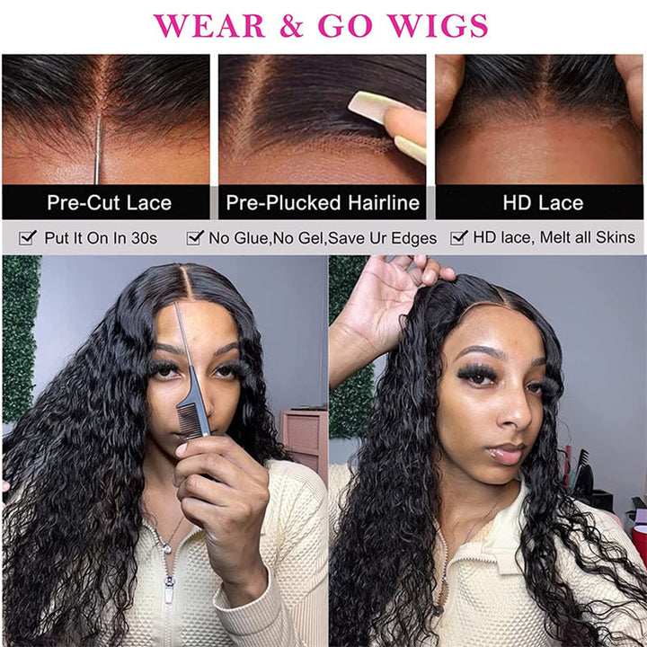 eullair Wear Go Glueless Wig Water Wave 6x4 5x5 HD Lace Closure Wigs Pre Cut Lace For Women Beginner Friendly Human Hair Natural Hairline